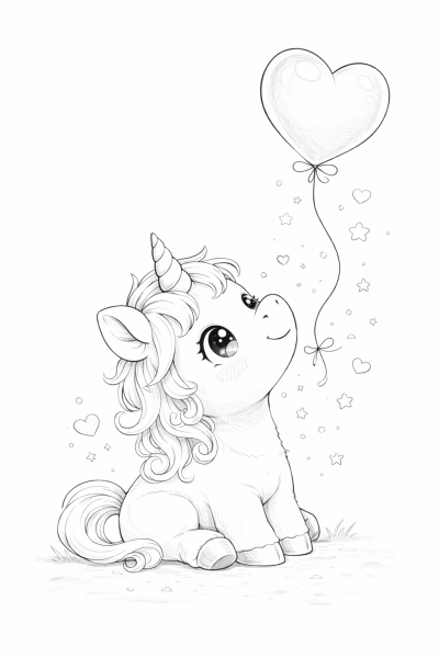 Бебе еднорог с балон – лесна и сладка картинка за оцветяване за деца