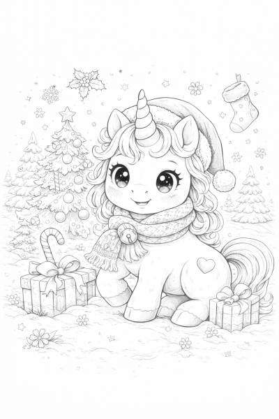 Коледен еднорог – празнична картинка за оцветяване за деца