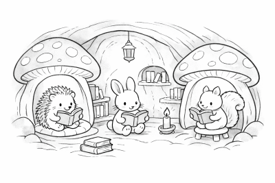 Страница за оцветяване на Уютна библиотека с гъби – Сладки горски животни, четещи книги под земята