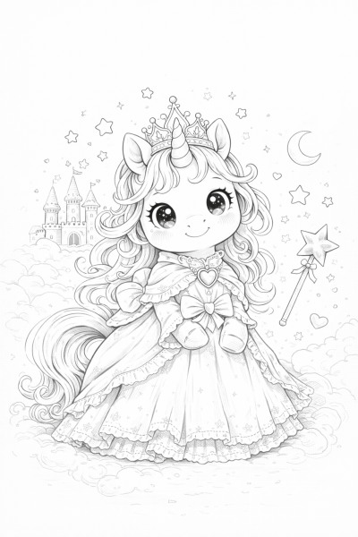 Еднорог принцеса – приказна картинка за оцветяване за деца
