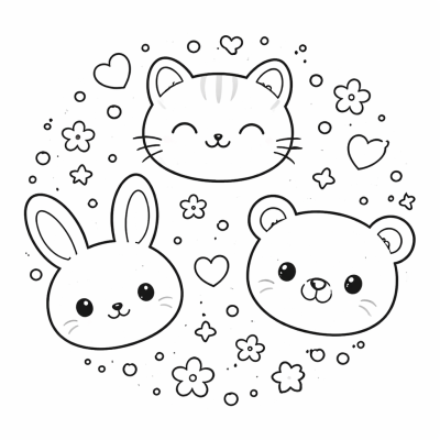 Сладки животински лица в кръг – лесна картинка за оцветяване за деца