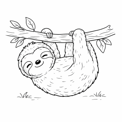 Спокоен ленивец на клон – сладка картинка за оцветяване за деца