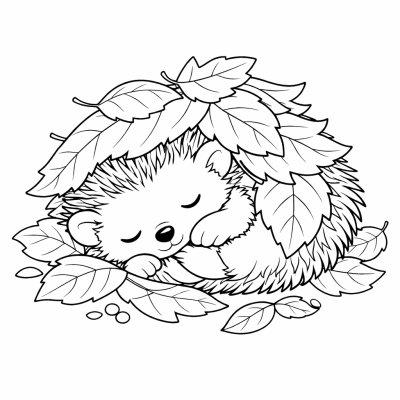 Сънен таралеж, завит в есенни листа * сладка картинка за оцветяване за деца