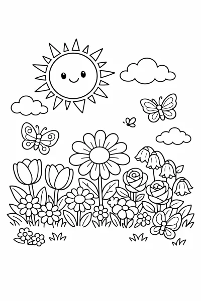 Цветущий сад с бабочками — Весенняя раскраска