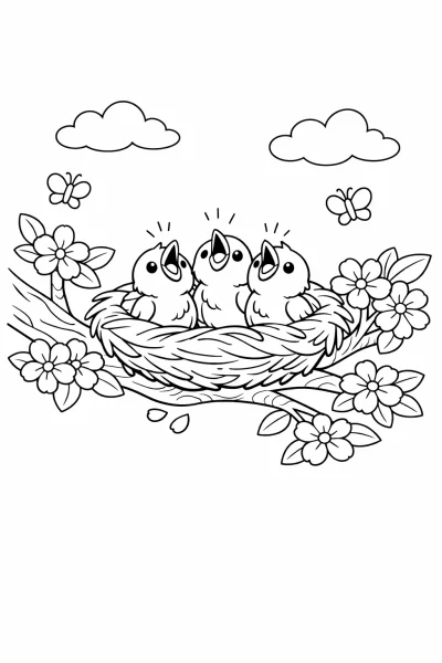 Птичье гнездо с птенцами – Весенняя раскраска