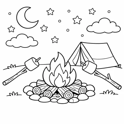 Раскраска «Летняя ночь у костра под звездами»