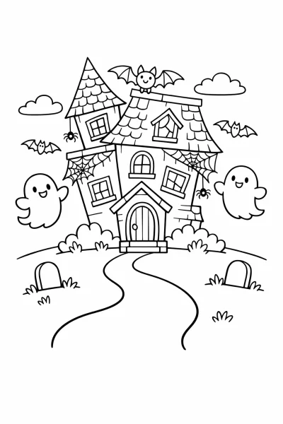 Призрачна къща с духове – страница за оцветяване на Хелоуин за деца