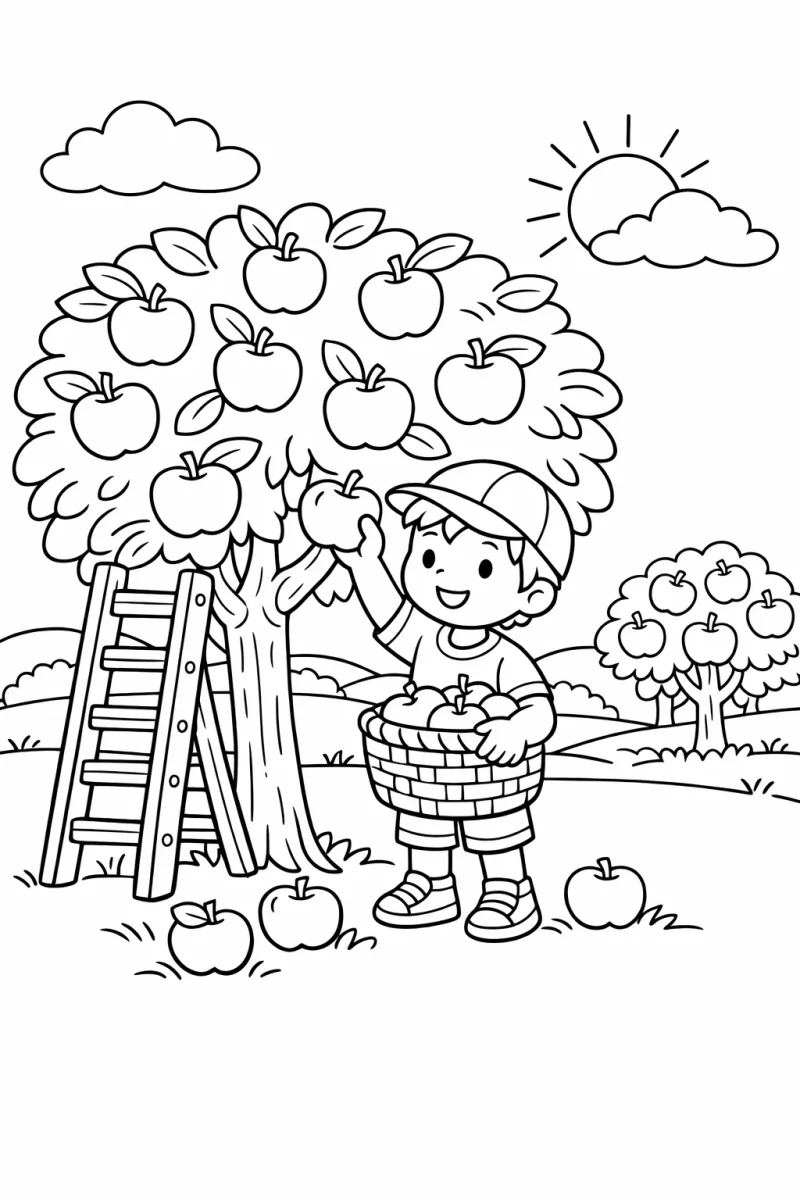 Ден за бране на ябълки – Есенна страница за оцветяване