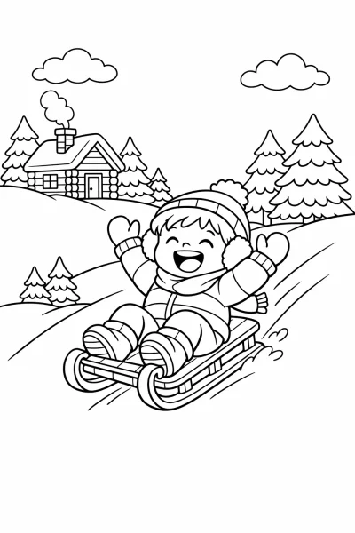 Paseo en trineo por la colina – Actividad de invierno Página para colorear