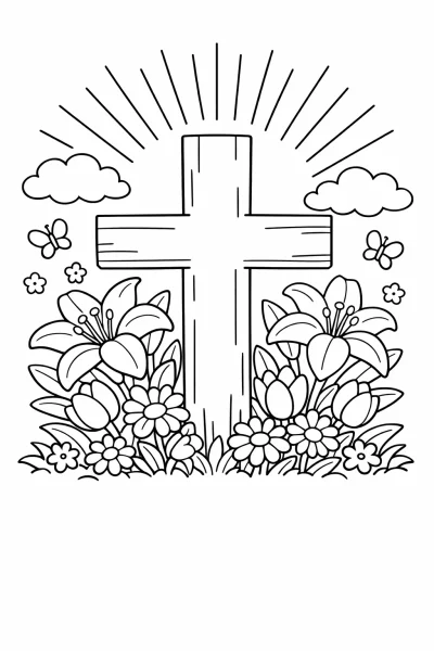 Великденски кръст с лилии – мирна страница за оцветяване