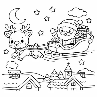 Коледен елен с шейна – страница за оцветяване за деца