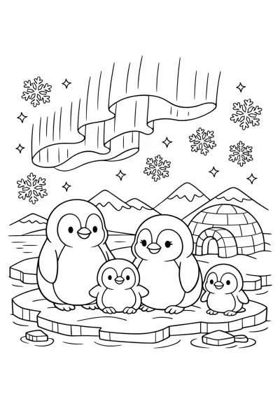 Familia de pingüinos en la nieve – Linda hoja para colorear de invierno