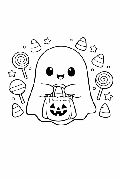 Призрак с торбичка с бонбони – лист за оцветяване с хитрост или удоволствие