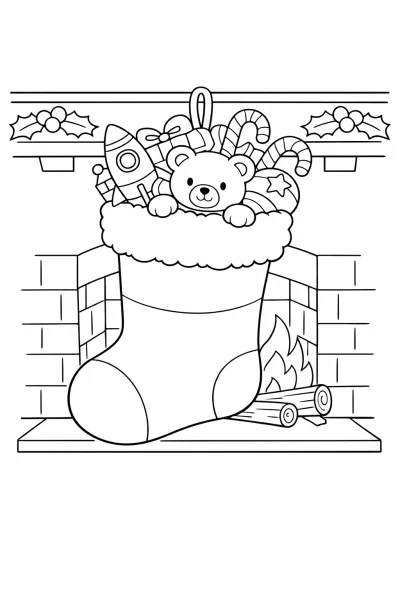 Коледен чорап пълен с играчки – Страница за оцветяване