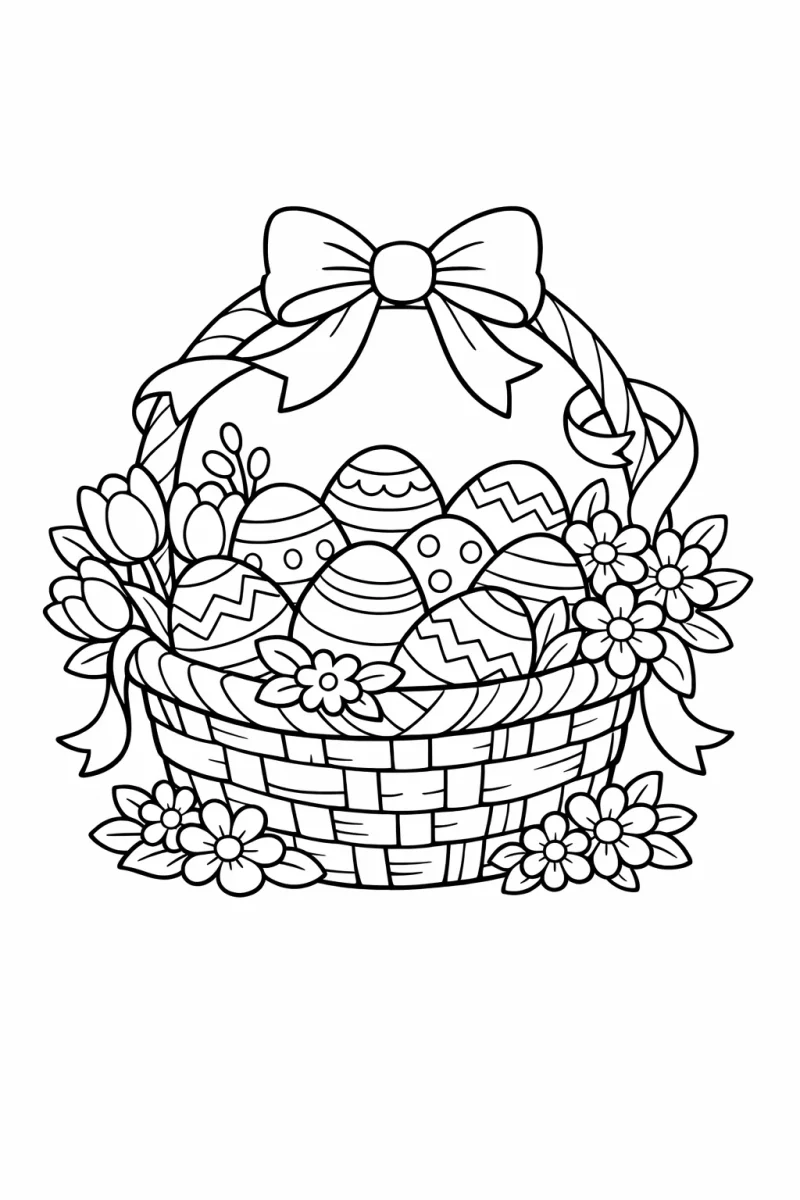 Великденска кошница, препълнена с яйца – лист за оцветяване