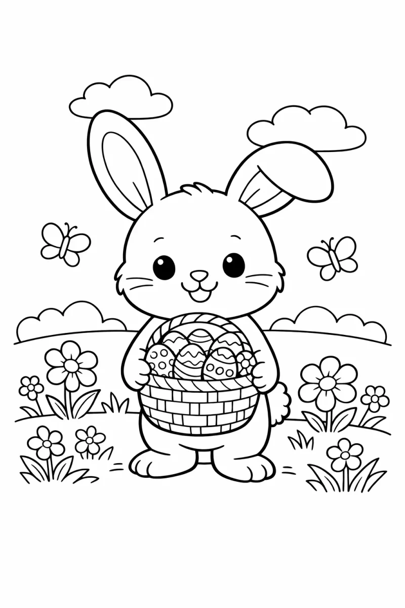 Великденски заек с кошница – страница за оцветяване за деца
