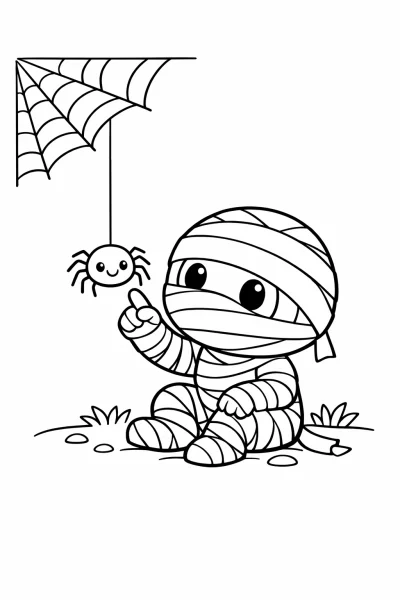 Мумия и паяк – страница за оцветяване на Хелоуин за деца