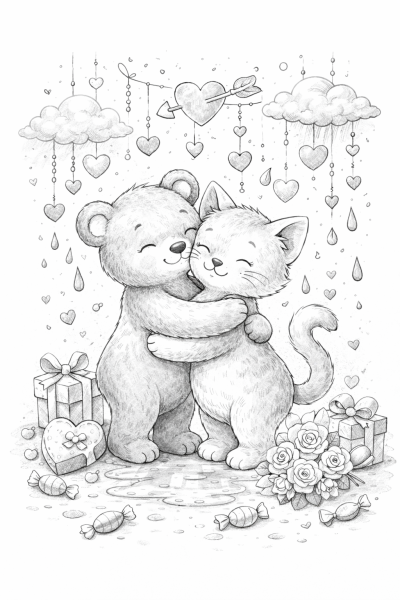 Мече и коте на Св. Валентин – романтична страница за оцветяване