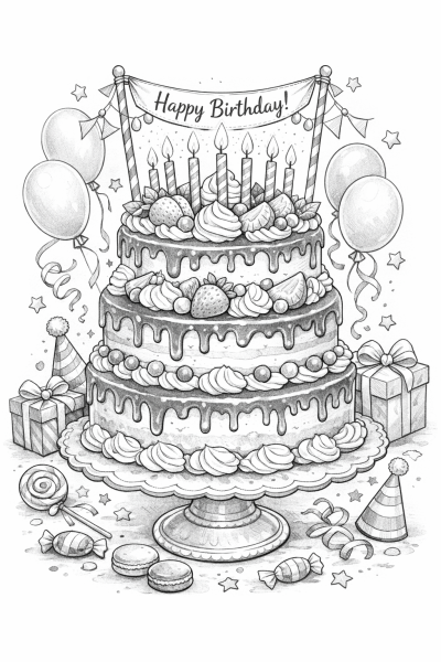 Торта за рожден ден – детайлна картинка за оцветяване за възрастни