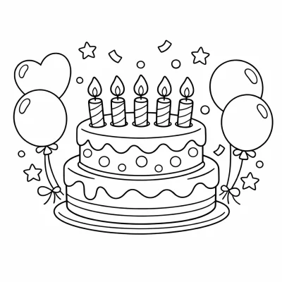 Pastel de cumpleaños con velas y globos – página para colorear