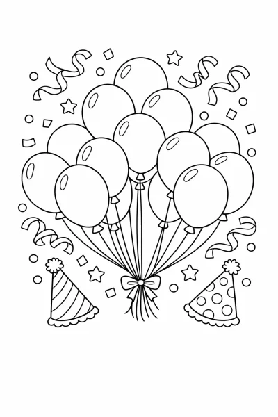 Balloons and Confetti Party – Birthday Coloring Sheet