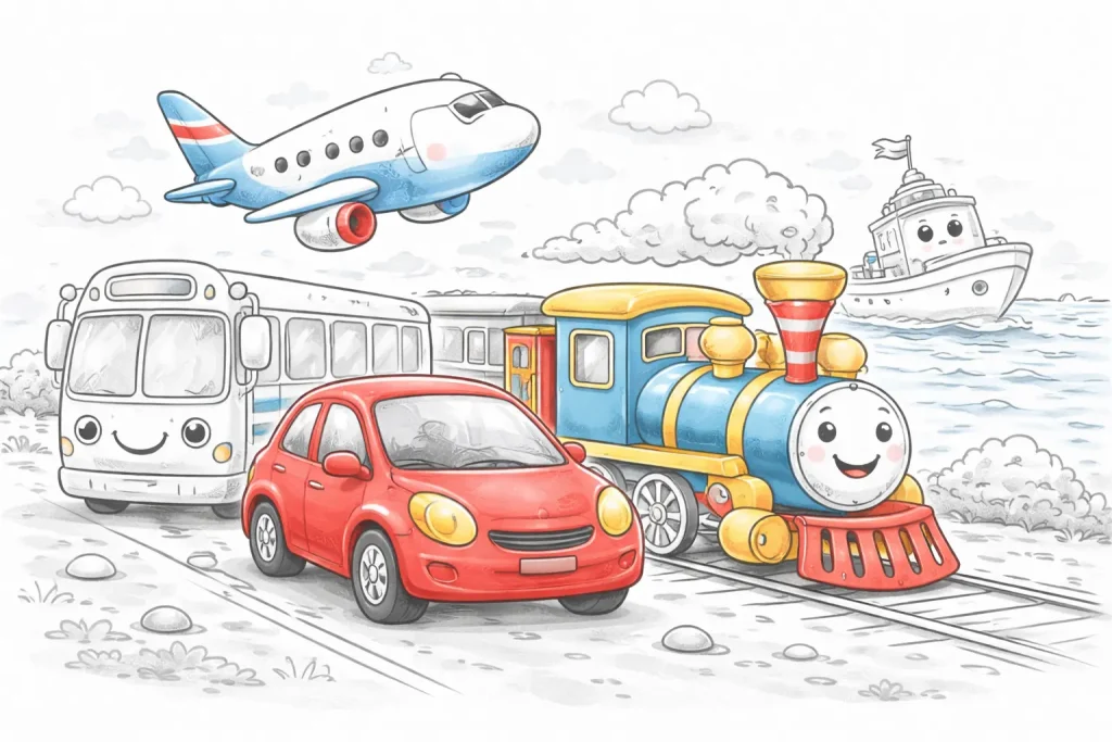 Coloring pictures of vehicles – Cars, airplanes, and trains for printing