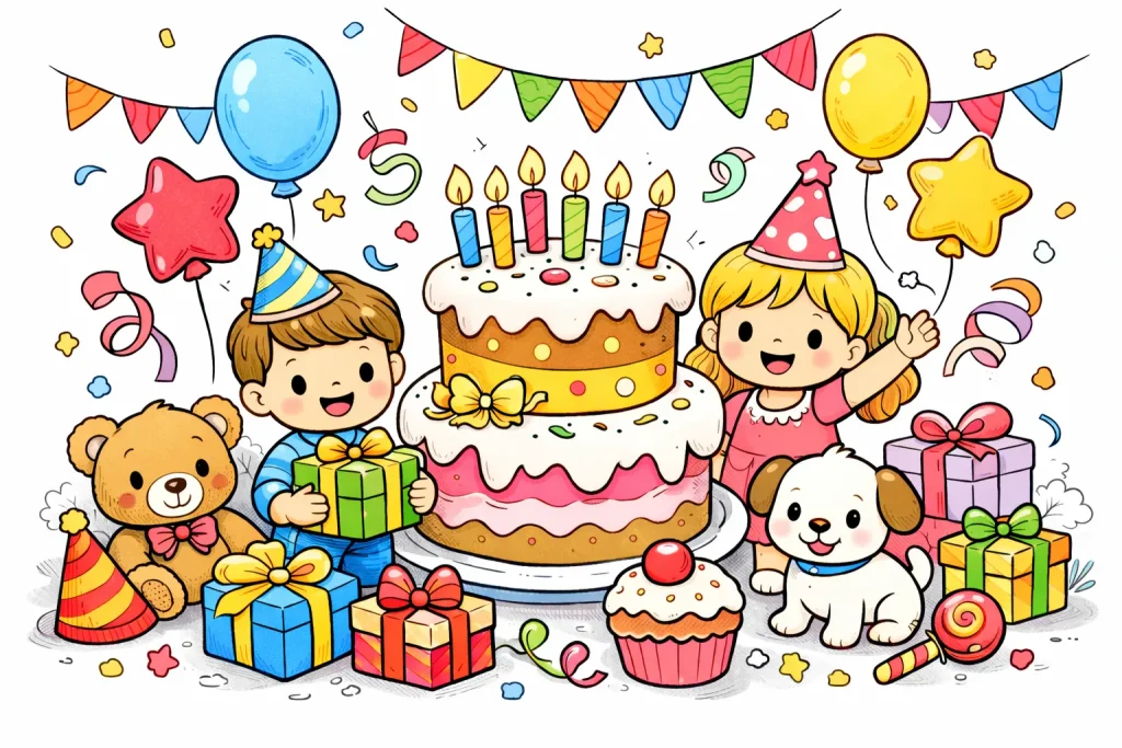 Immagini da colorare per il Compleanno – Torta, palloncini e regali