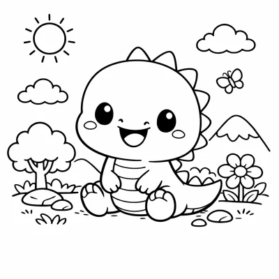 Сладък динозавър в природата – забавна страница за оцветяване