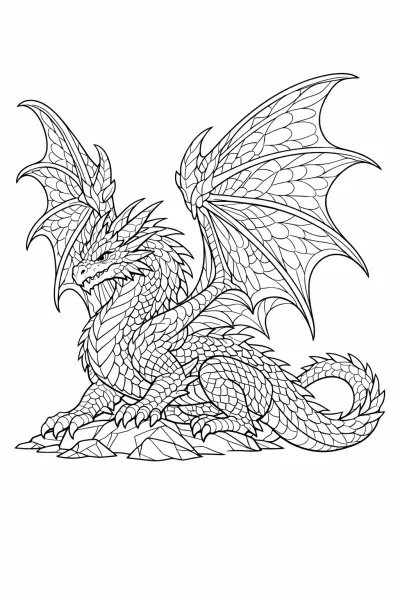 Фентъзи дракон с детайлни крила – страница за оцветяване за тийнейджъри