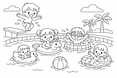 Вечеринка у бассейна – Летняя раскраска для детей