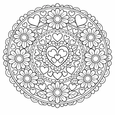 Мандала със сърца и цветя – детайлна страница за оцветяване за възрастни