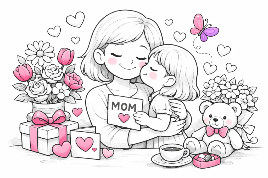 Imágenes para colorear para el Día de la Madre - Flores, corazones y tarjetas festivas