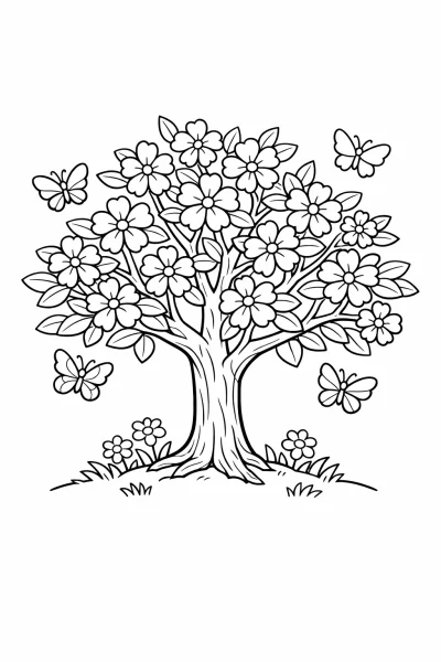 Пролетно дърво с цветя и пеперуди – картинка за оцветяване