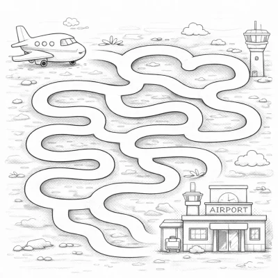 Лабиринт със самолет до летището – детска картинка за оцветяване