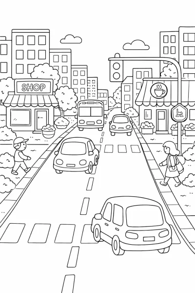 Картинка за оцветяване на оживена градска улица – безплатна за печат за деца