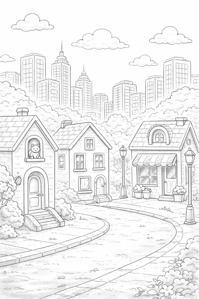 Очарователна градска улица – трудна картинка за оцветяване за деца