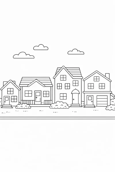 Къщи в квартала – безплатна картинка за оцветяване за деца