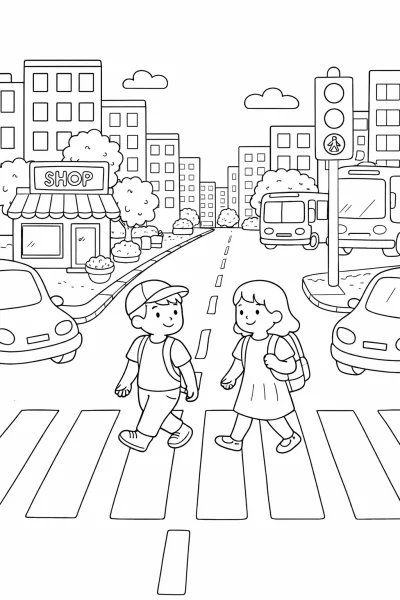Картинка за оцветяване „Пешеходна пътека“ за деца – Безопасност на пътя в града за печат