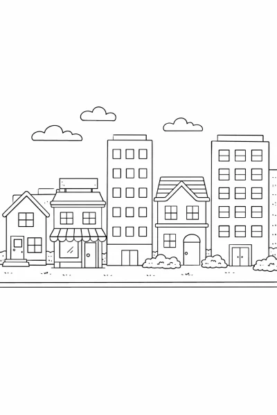 Градски сгради – безплатна картинка за оцветяване с къщи и апартаменти за деца