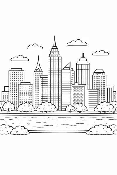 Картинка за оцветяване: градски силует с небостъргачи – безплатна за печат за деца