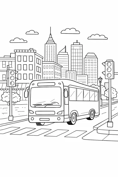 Картинка за оцветяване: градски автобус – безплатна картинка на улична сцена за деца