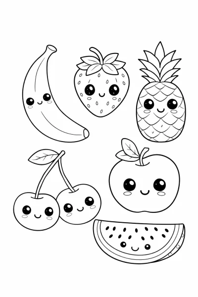 Сладка кавай картинка за оцветяване с плодове за деца (Очарователни дизайни за печат)