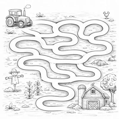 Фермерски лабиринт с трактор и плевня – страница за оцветяване за деца