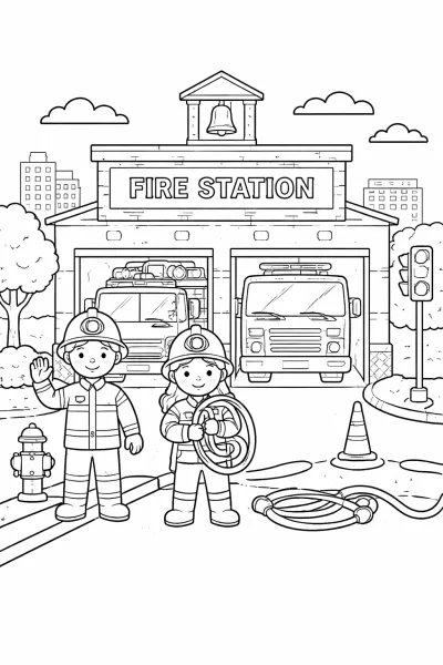 Страница за оцветяване на противопожарна станция – Пожарникари и пожарна кола за безплатно разпечатване
