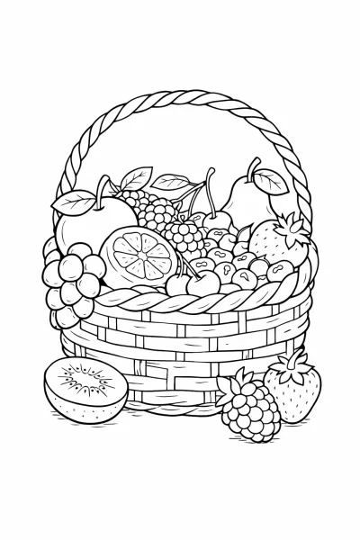 Кошница с плодове – картинка за оцветяване за деца (за печат, лесна и забавна колекция от плодове)