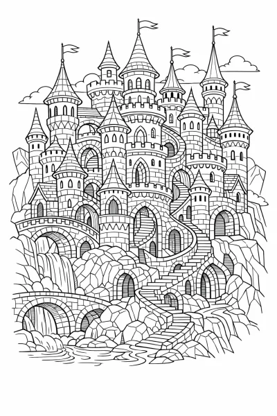 Фентъзи замък със скрити вълшебни кули и лабиринтни пътеки