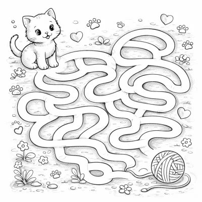 Лабиринт за оцветяване: Коте с топка прежда за деца