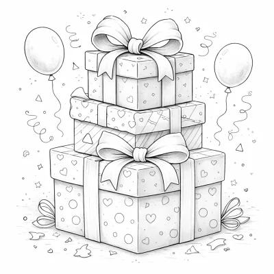 Купчина подаръци за рожден ден – празнична картинка за оцветяване с балони