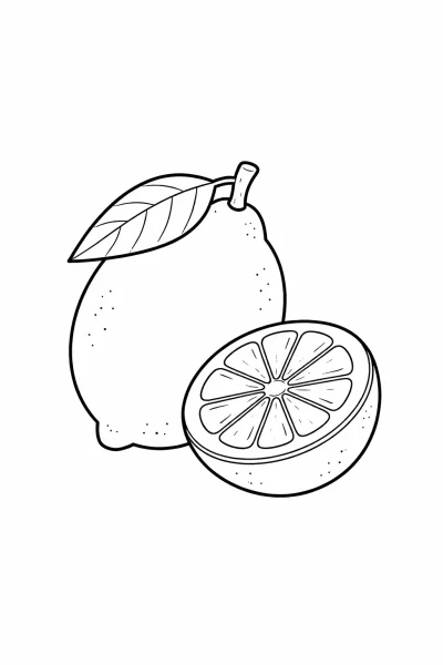 Лесна картинка за оцветяване – лимон за деца (за печат: цял плод &amp; резен)