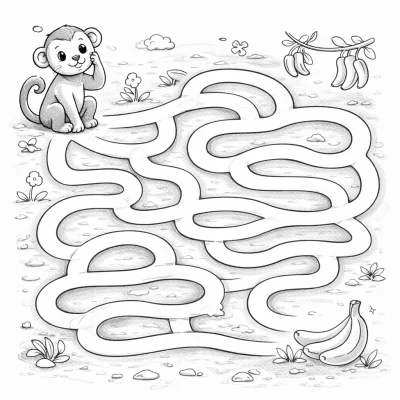 Забавен лабиринт за оцветяване за деца: Маймуна и банани